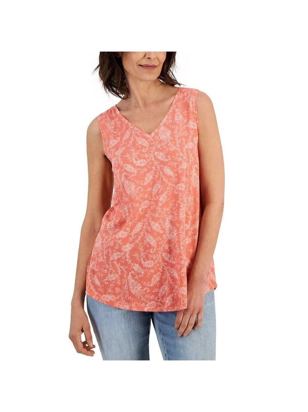 STYLE & CO Women's Printed V-Neck Tank Top Coral Fine Line Size Small